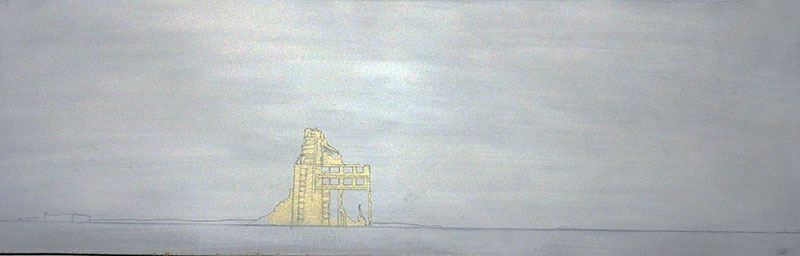 Décor de diorama avec ruine de bâtiment isolée sur fond de ciel gris brumeux