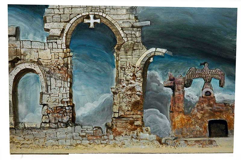 Décor de fond peint : ruines d'église en arches et aigle du Reich rouillé