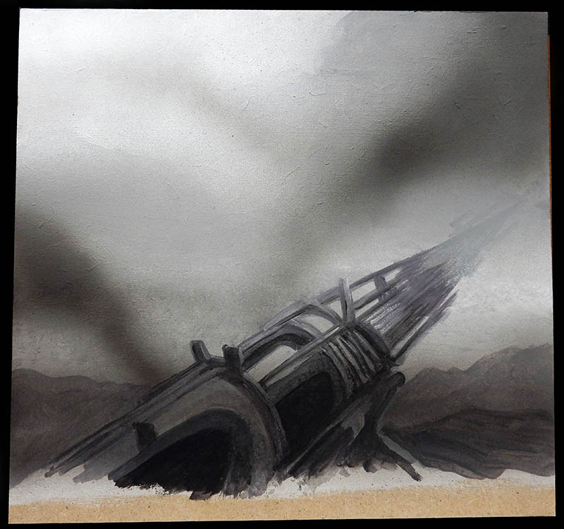 Peinture en niveaux de gris d'un vaisseau cyborg échoué dans un paysage désertique brumeux