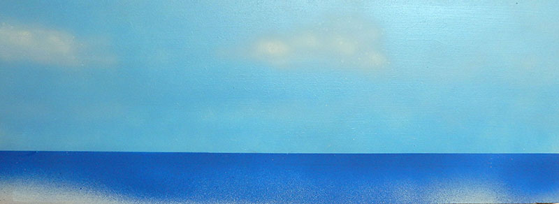 Diorama peint représentant la mer bleue et un ciel nuageux pour le Vought OS2U Kingfisher