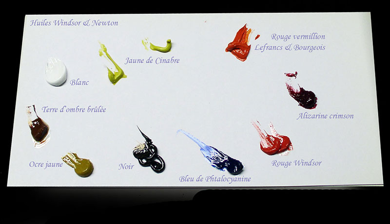Palette de peintures à l'huile annotées avec leurs noms et couleurs pour le maquettisme