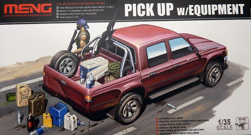 Boîte de maquette Meng pick-up rouge au 1/35 avec figurine armée et équipement militaire