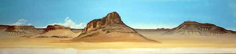 Décor de fond peint représentant un paysage désertique avec collines rocheuses sous un ciel bleu
