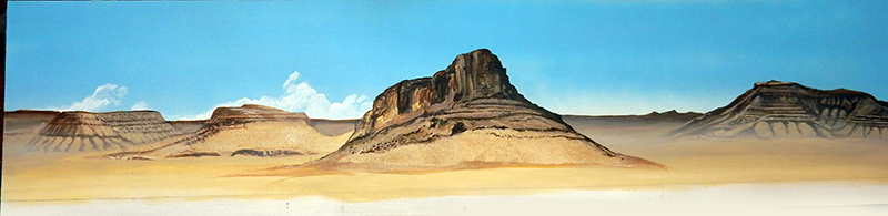 Décor de diorama peint représentant un paysage désertique aride avec mesas rocheuses sous un ciel bleu