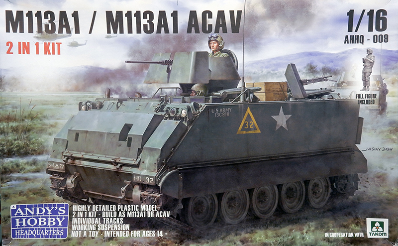 Boîte de maquette M113A1 ACAV au 1/16 Andy's Hobby Headquarters montrant le blindé avec mitrailleuses et équipage