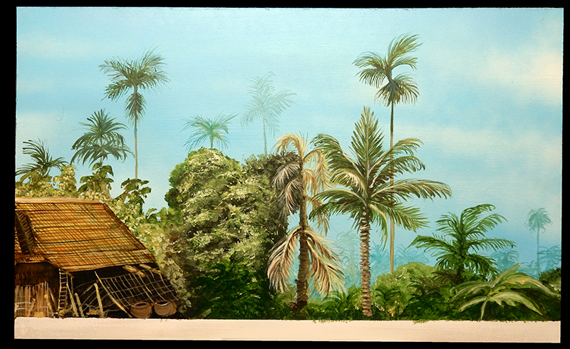 Décor de fond peint d'un diorama tropical avec palmiers, végétation et hutte vietnamienne