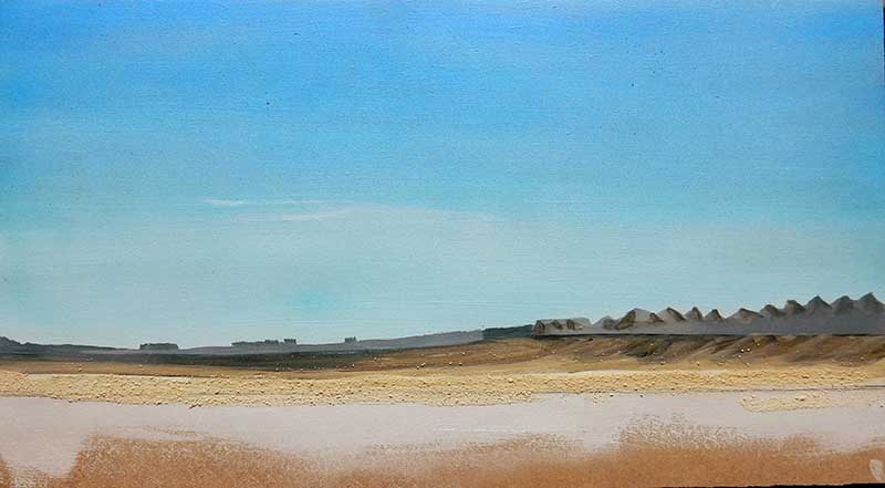 Toile de fond peinte du diorama : ciel bleu, steppe désertique et collines lointaines