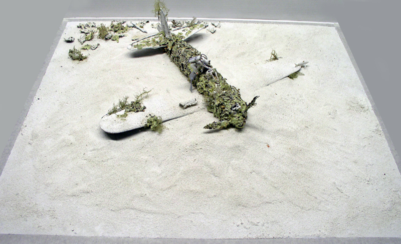 Diorama d'une épave de Mitsubishi A6M5 Zero envahie par la végétation sur sol sablonneux