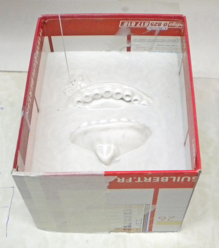 Empreintes des pièces dans le moule en silicone blanc coulé dans une boîte carton