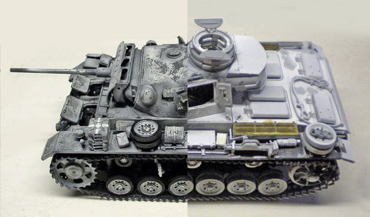 Maquette de char Panzer III montrant à gauche le rendu noir et blanc et à droite l'apprêt gris