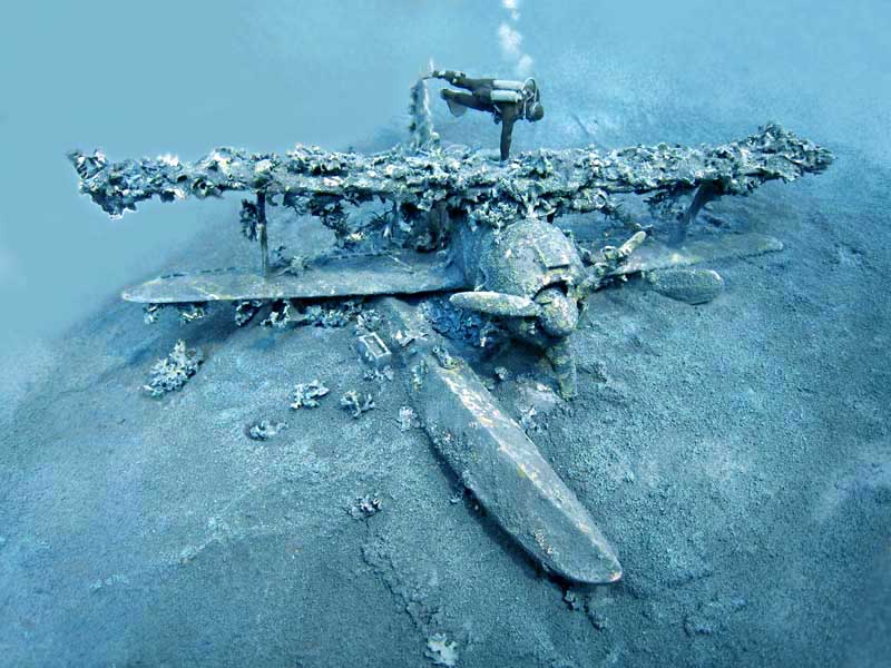 Diorama sous-marin d'une épave d'hydravion biplan couvert de concrétions avec un plongeur explorant