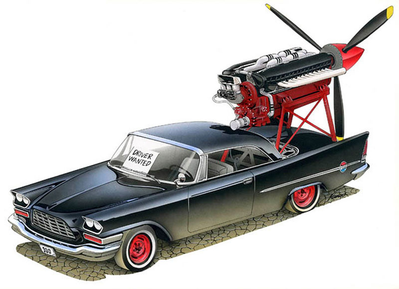 Plymouth Belvedere noire avec moteur Allison à hélice monté sur le toit