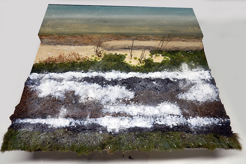 Socle de diorama enneigé avec terrain labouré, végétation et fond peint à l'horizon