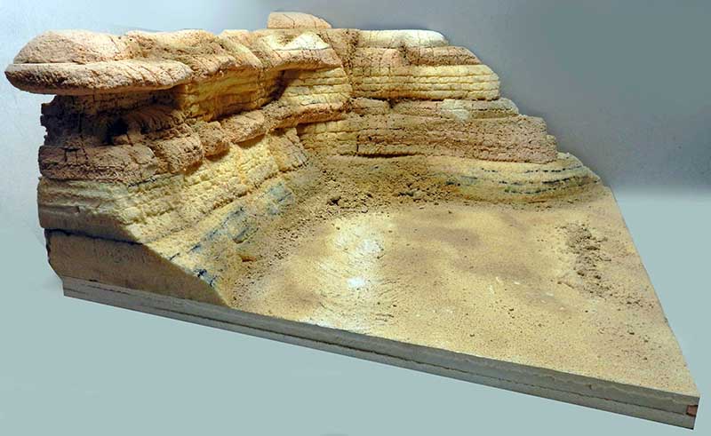 Diorama de décor désertique avec falaises rocheuses stratifiées et sol sableux ocre