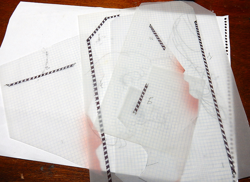 Croquis sur papier quadrillé et calque pour la préparation d'un décor de maquette