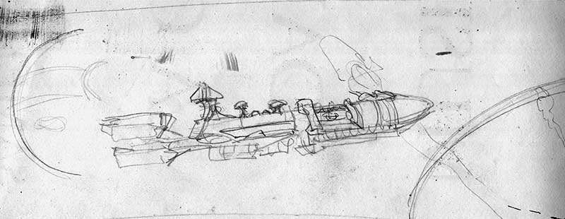Croquis au crayon du vaisseau spatial Rodger Young vu de profil, esquisse préparatoire de maquette
