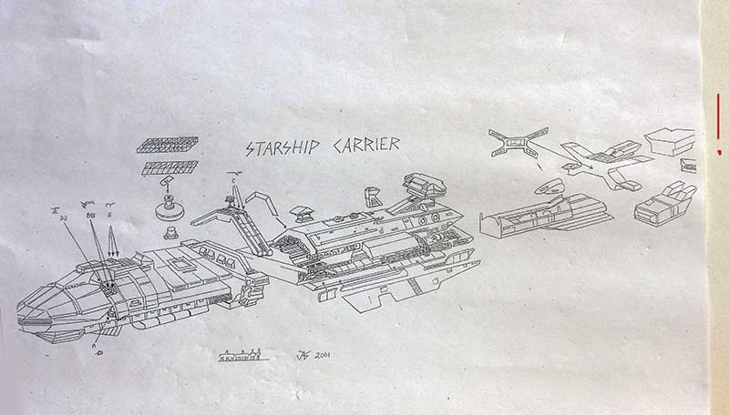 Croquis au crayon du vaisseau Starship Carrier Rodger Young avec pièces détaillées et annotations manuscrites