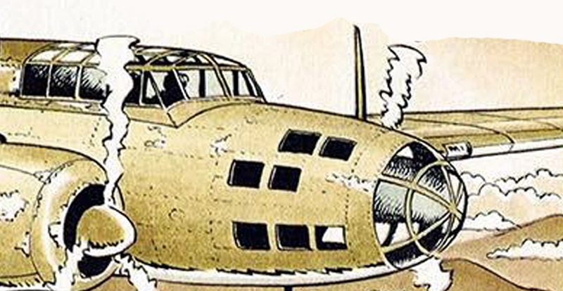 Illustration sépia d'un avion bimoteur ancien vu de profil avec verrière et nez vitré