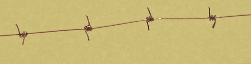 Fil de fer barbelé miniature tendu sur fond uni beige pour décor de maquette
