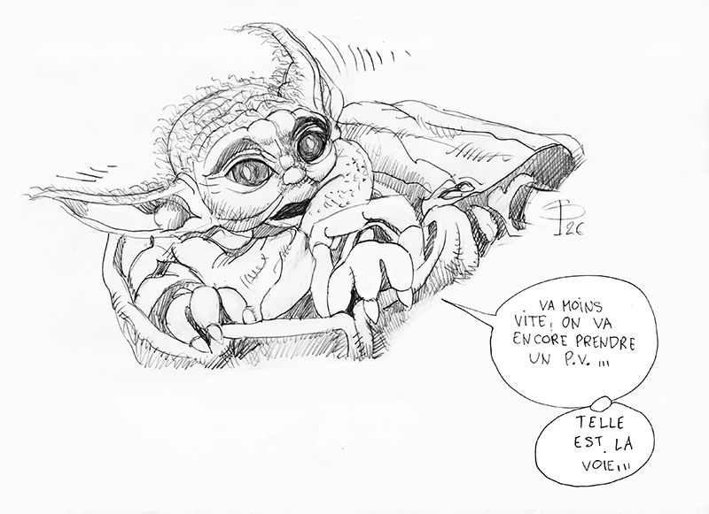 Croquis humoristique au crayon d'une créature aux grandes oreilles avec bulles de dialogue