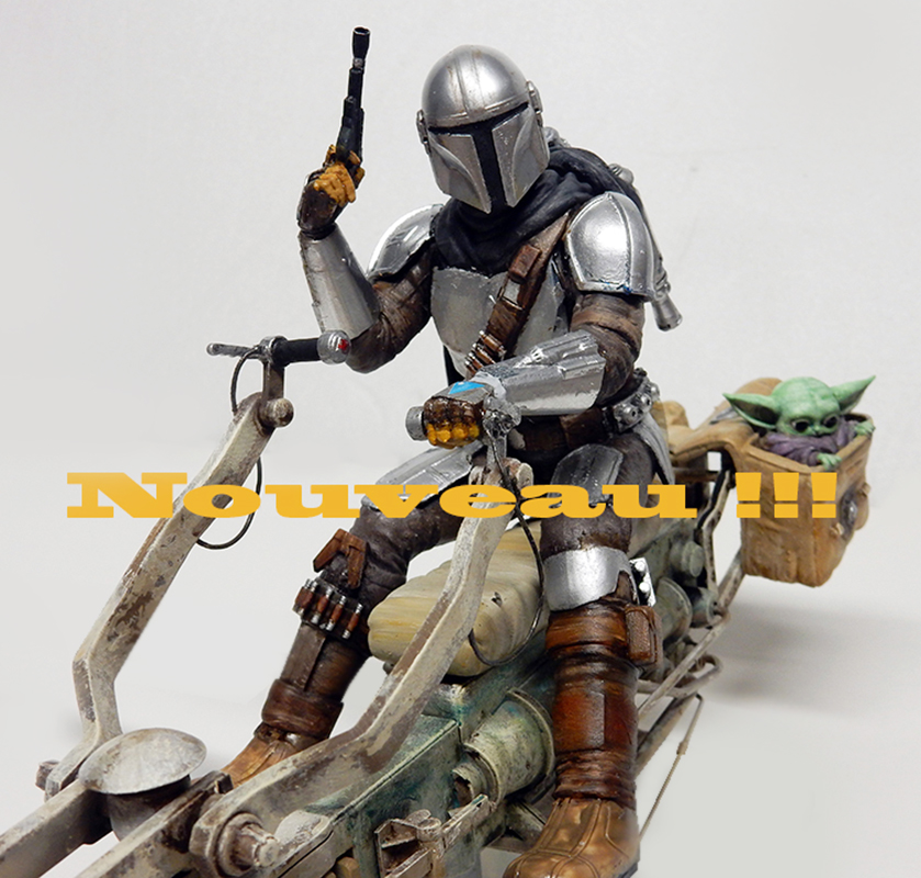 Figurine peinte du Mandalorien armé sur son speeder bike avec Grogu