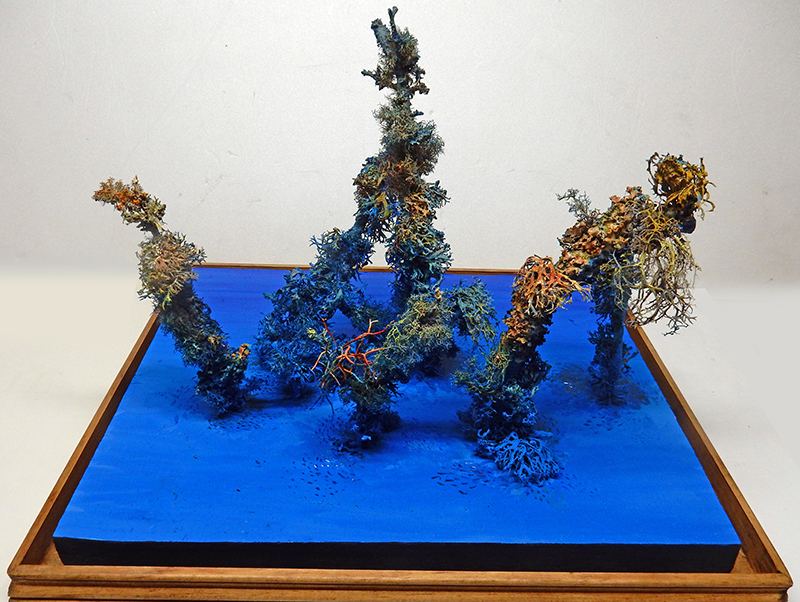Diorama sous-marin sur socle bois avec coraux colorés et fond bleu vif