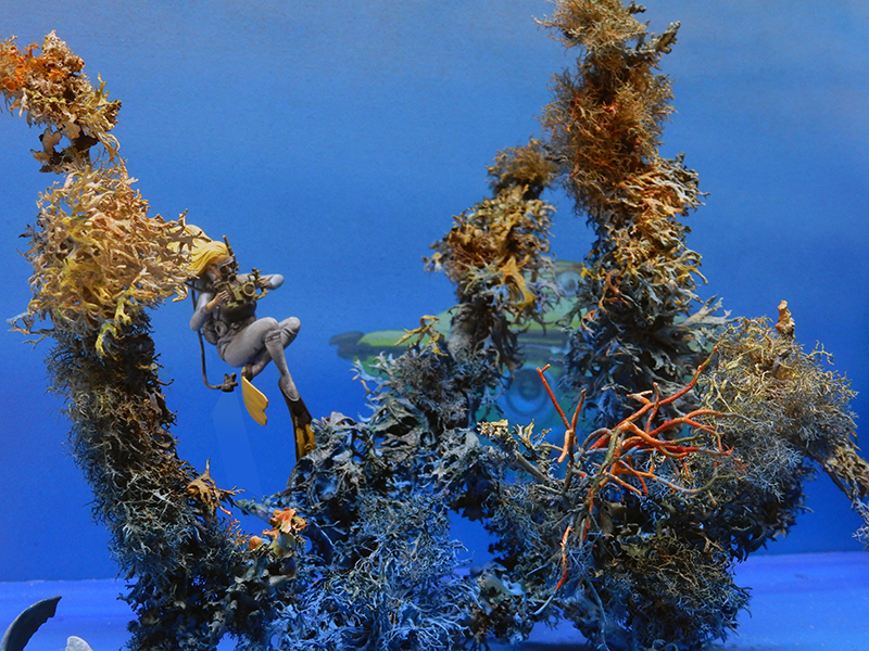 Plongeuse en combinaison palmes jaunes nageant parmi des algues et coraux sous-marins bleus