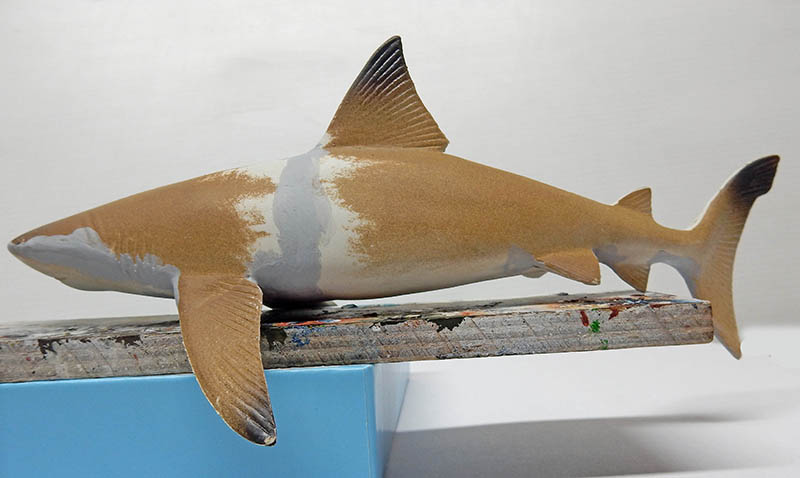 Maquette de requin peinte en brun et blanc posée sur un support de peinture
