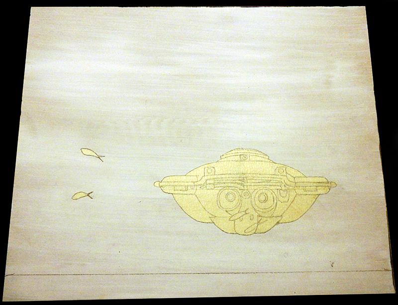 Dessin au crayon d'un sous-marin Squale girl et poissons sur planche de bois clair