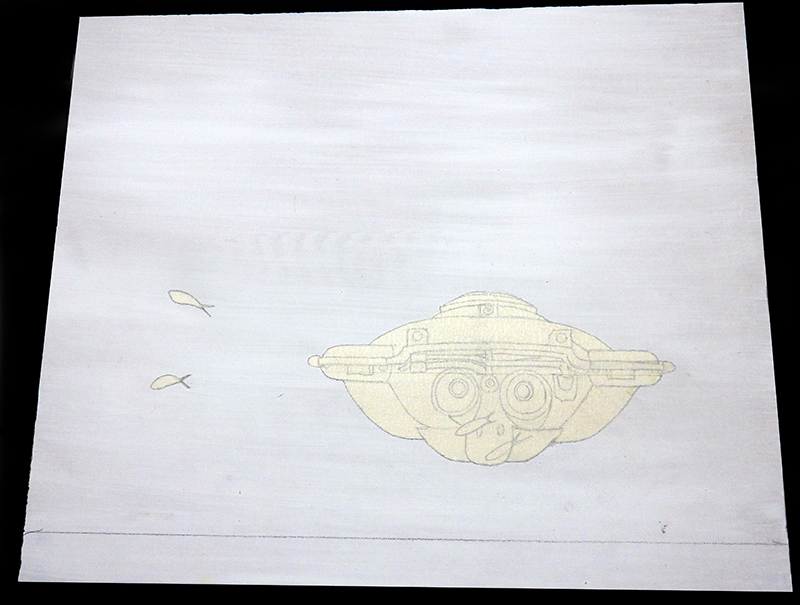 Croquis au crayon d'un sous-marin de face avec deux poissons sur fond clair