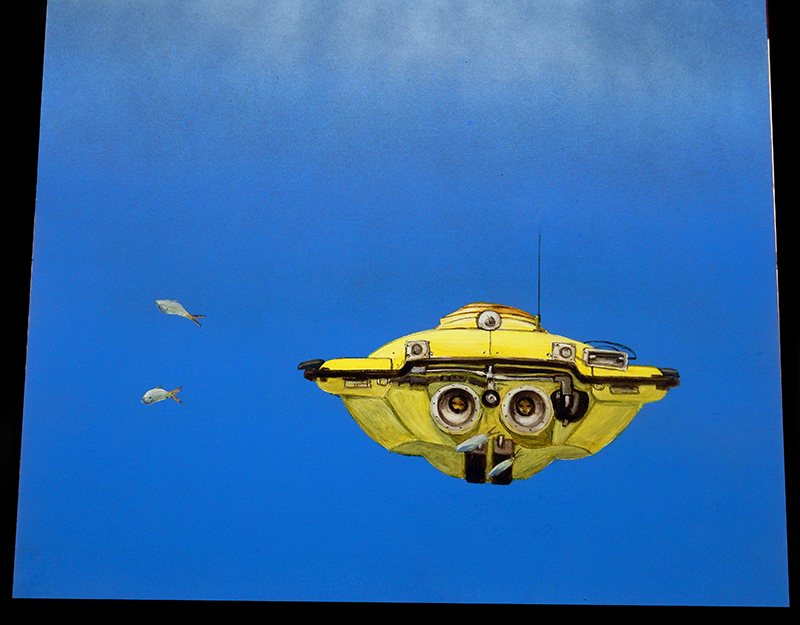 Maquette de sous-marin jaune Squale girl peinte sur fond bleu marin avec poissons