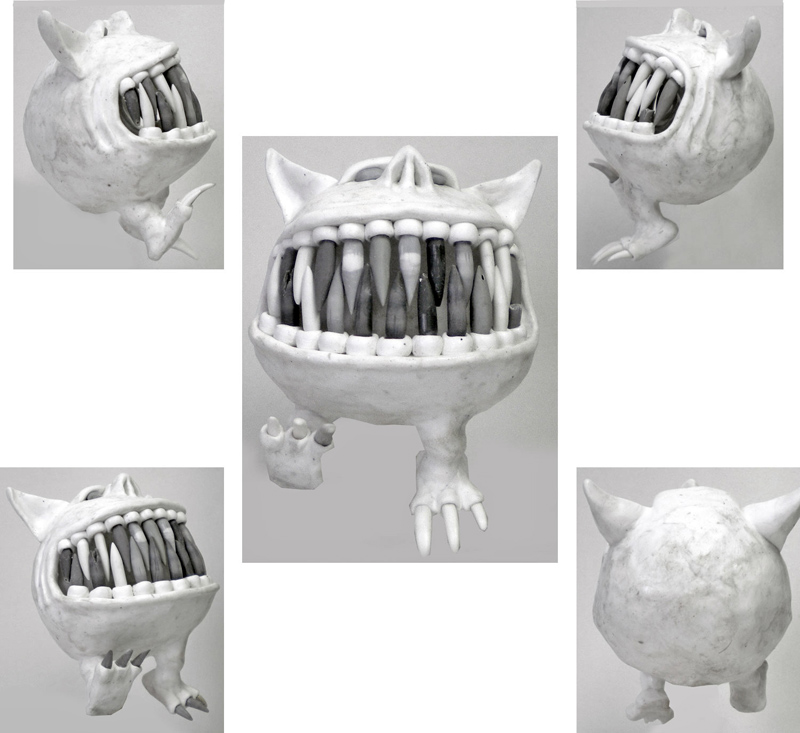 Sculpture brute d'un Squig sous plusieurs angles, grande gueule aux dents avant peinture