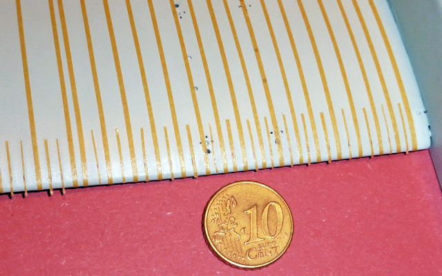 Gros plan sur les nervures d'une aile entoilée, échelle donnée par une pièce de 10 centimes