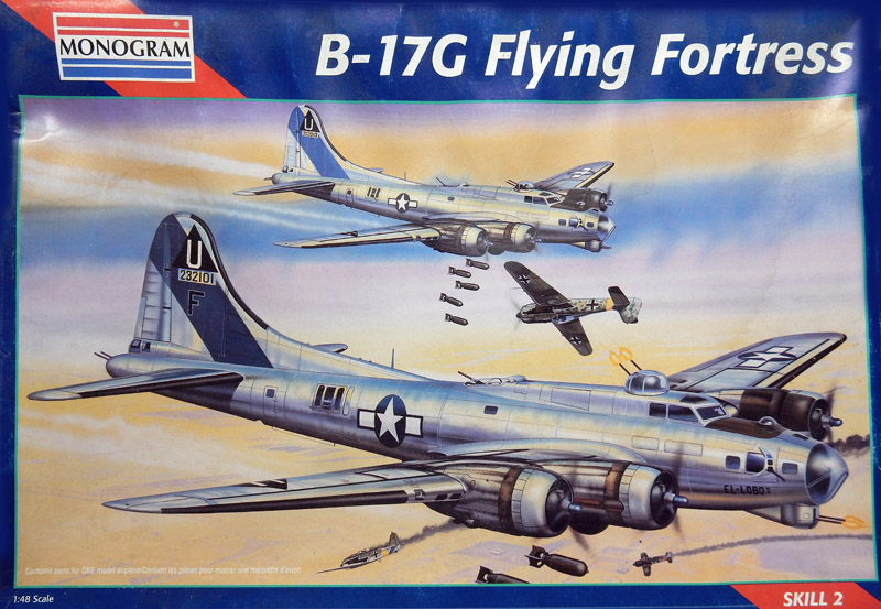 Boîte de maquette Monogram B-17G Flying Fortress montrant des bombardiers en vol largage de bombes