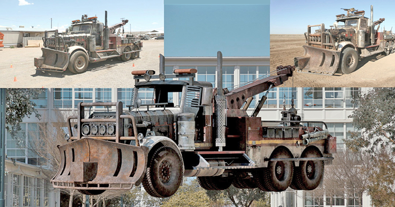 Montage de trois vues du camion de dépannage post-apocalyptique rouillé, grandeur nature