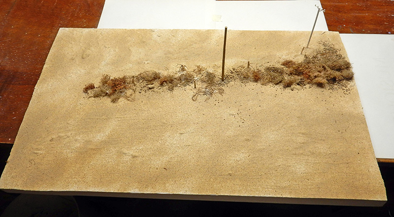 Socle de diorama sablonneux avec végétation broussailleuse en cours de montage et piquets métalliques
