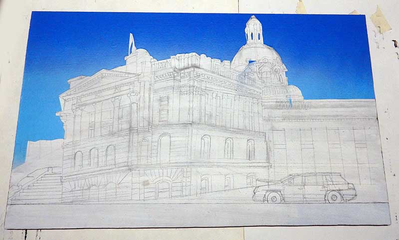 Dessin au crayon d'un bâtiment à dôme avec ciel bleu peint en arrière-plan