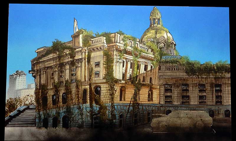 Maquette d'un bâtiment monumental à dôme doré envahi par la végétation, ambiance post-apocalyptique The Last of Us 2