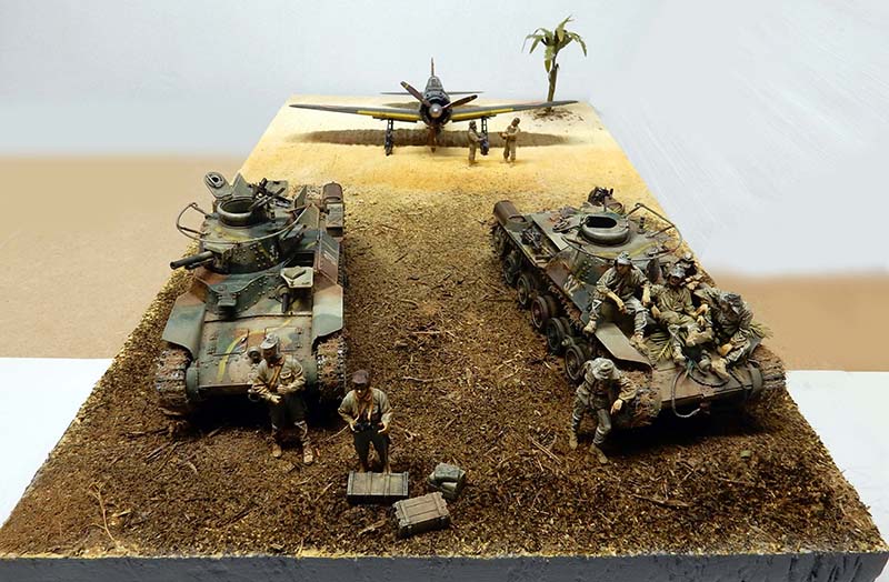 Diorama avec deux chars Type 97 Chi-Ha, figurines d'équipage japonais et avion sur piste