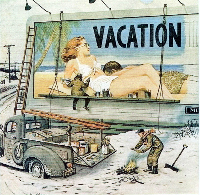 Peintres en hiver réalisant un panneau publicitaire « Vacation » illustrant une femme en maillot sur la plage