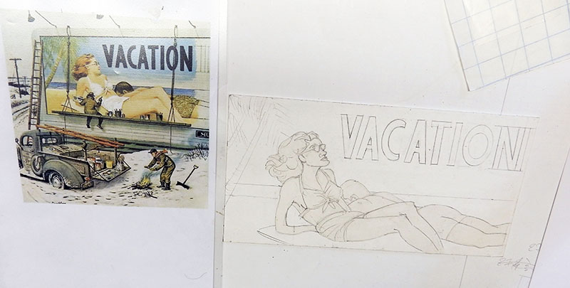 Illustration couleur et croquis au crayon d'un panneau publicitaire « Vacation » avec ouvriers et camion