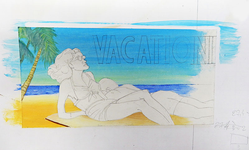 Maquette de boîtier Vacation, dessin de femmes allongées sur plage avec palmier et titre
