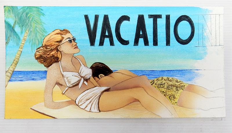 Femme en bikini blanc allongée sur une plage, peinture avec palmier et titre Vacation
