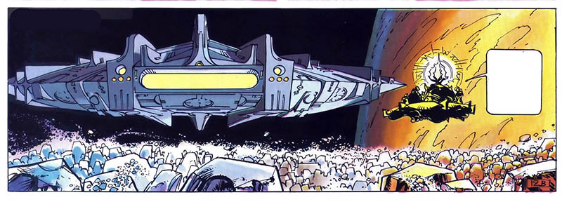 Case de bande dessinée montrant l'astronef de Valérian survolant un paysage glacé