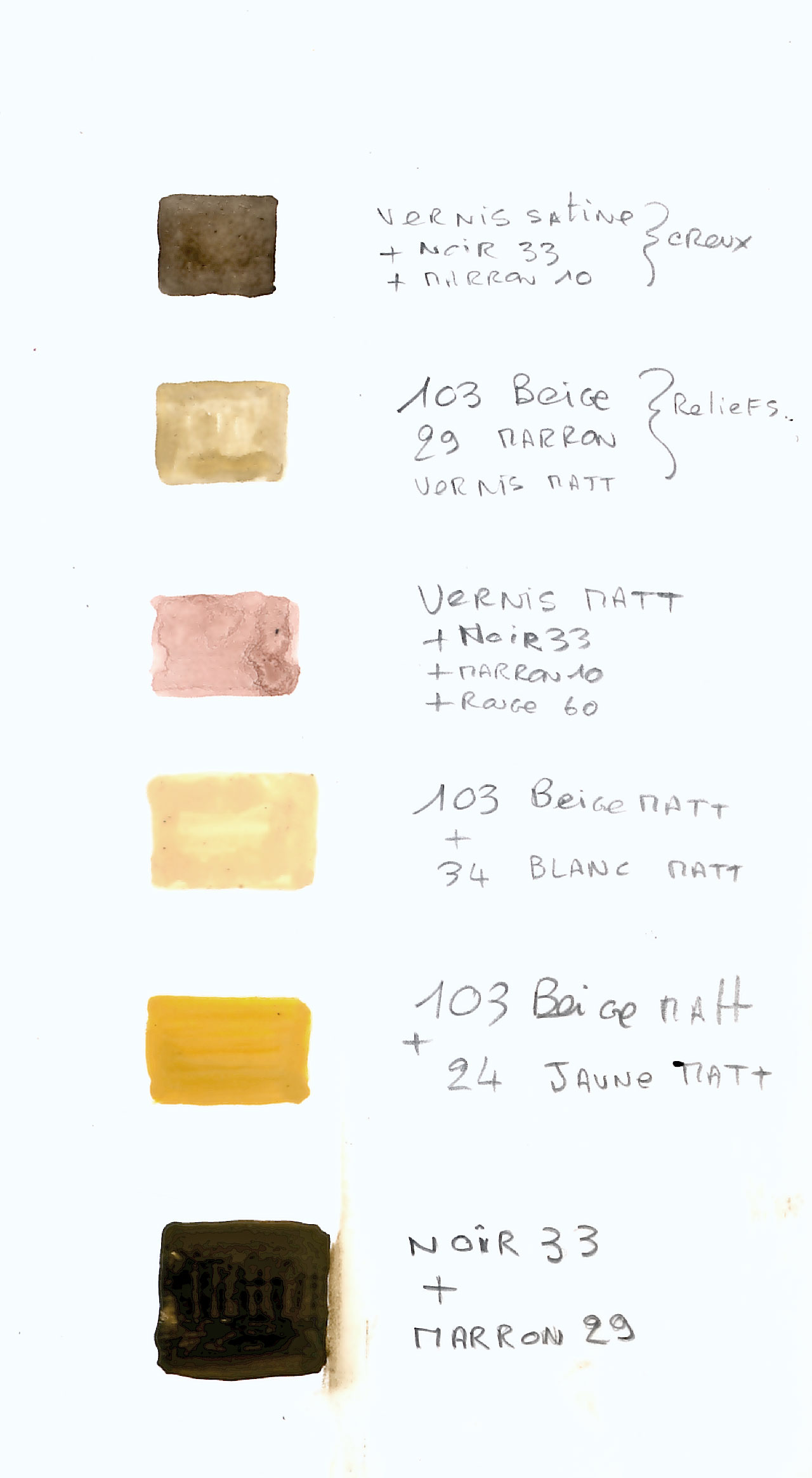 Nuancier manuscrit de mélanges de peintures avec annotations des références de couleurs pour Alien 3