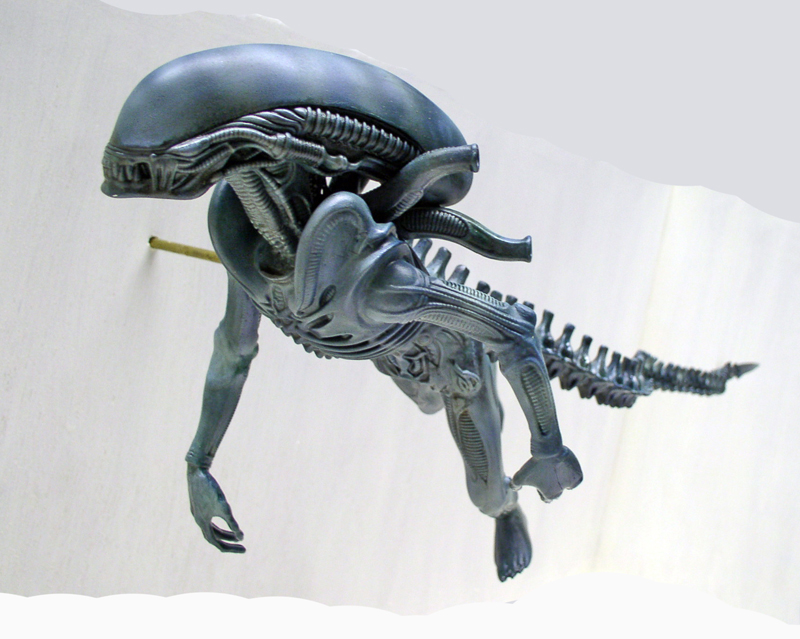 Maquette d'Aqualien gris-bleu au crâne allongé et longue queue dorsale sur fond clair