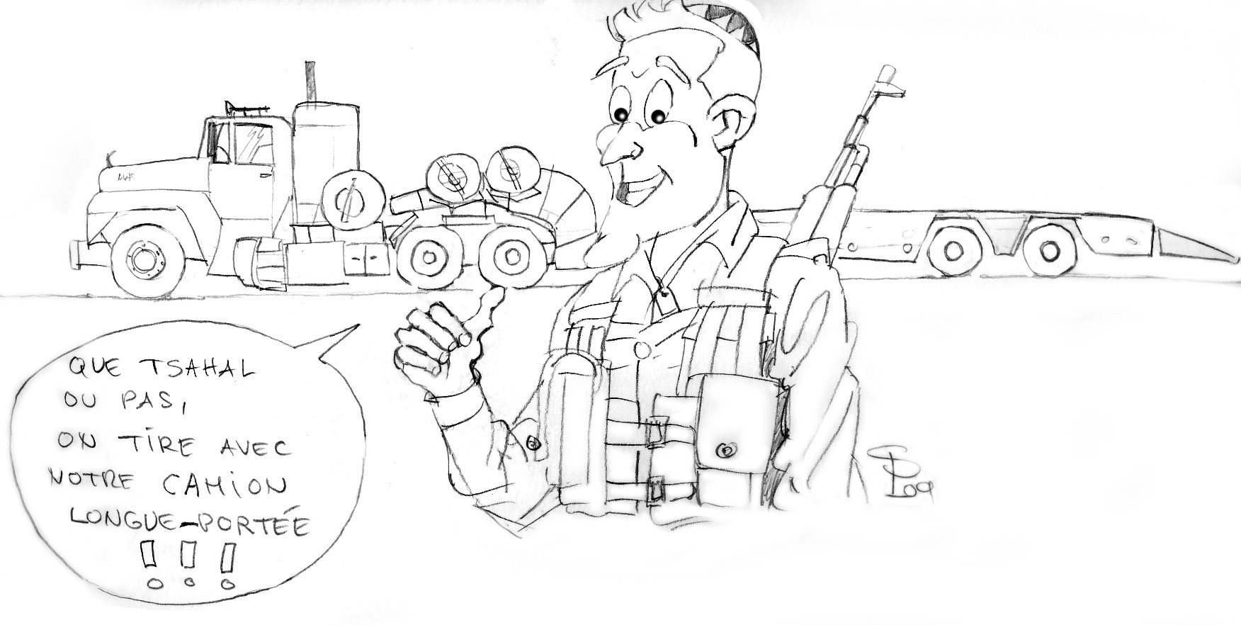 Dessin humoristique d'un soldat armé devant un camion porte-char avec bulle de dialogue