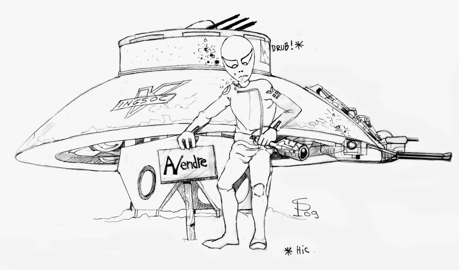 Dessin au crayon d'un extraterrestre tenant une pancarte « À vendre » devant une soucoupe volante INGSOC