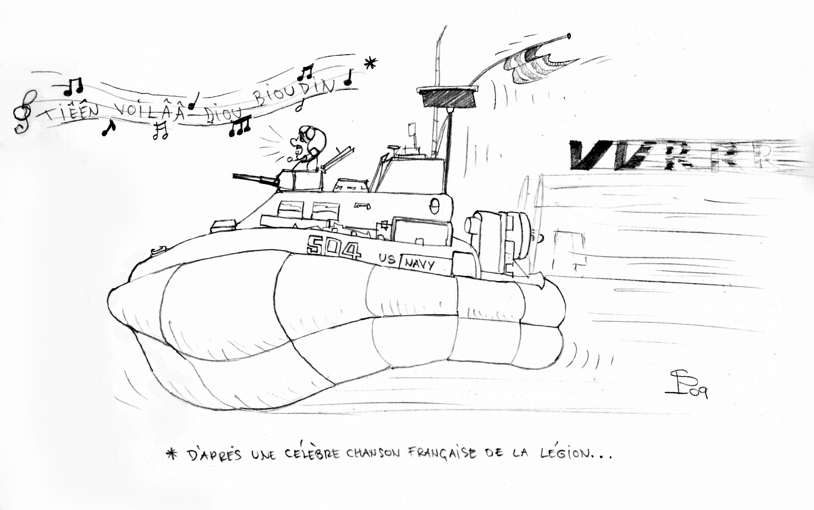 Dessin humoristique d'un hovercraft US Navy 504 armé fonçant en chantant, Vietnam 1968