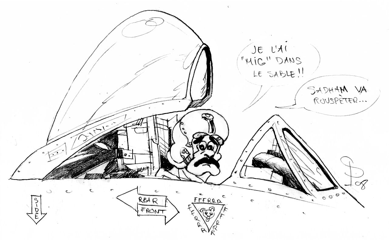 Dessin humoristique au crayon d'un pilote moustachu dans le cockpit ouvert d'un Mig 29